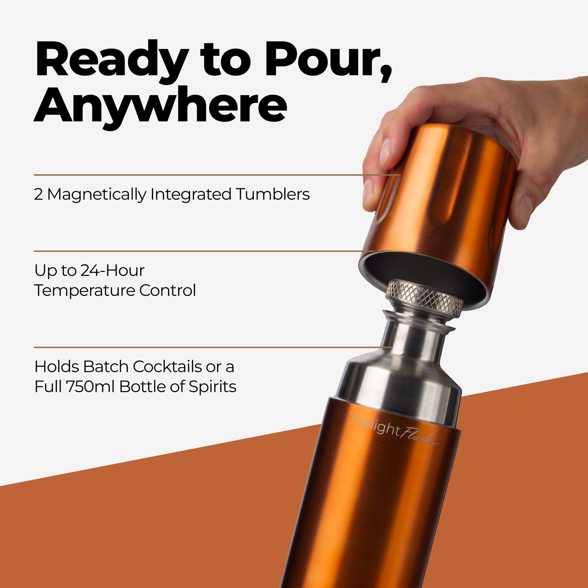 Copper Firelight Flask with text about magnetic tumblers and temperature control on a white and orange background.